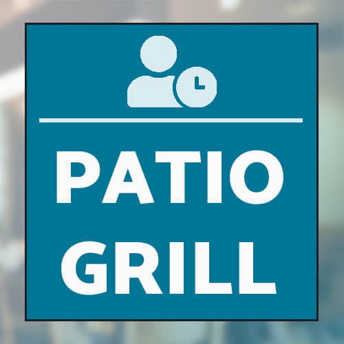 Patio Grill text on a background of blue.